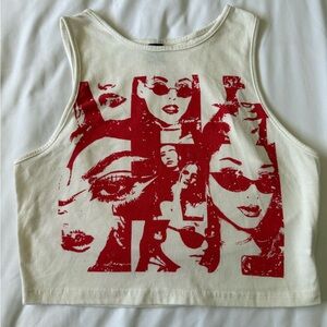 SHEIN Cream Crop Tank with Red Graphic Faces